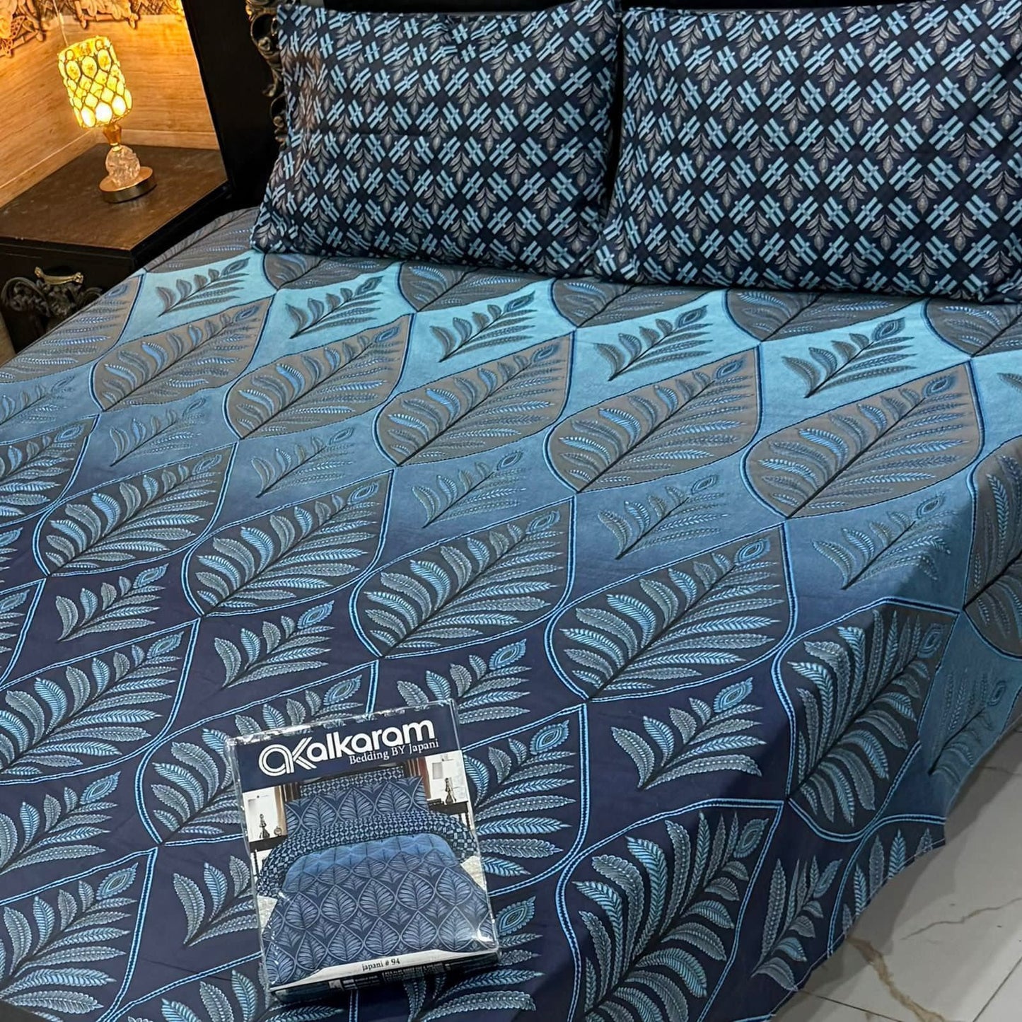 Al karam 3 Pcs Bedsheet - Blue Leaf
