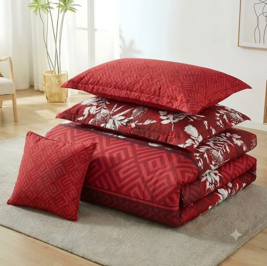 7 Pcs Quilted Comforter Set - Ruby Leaf