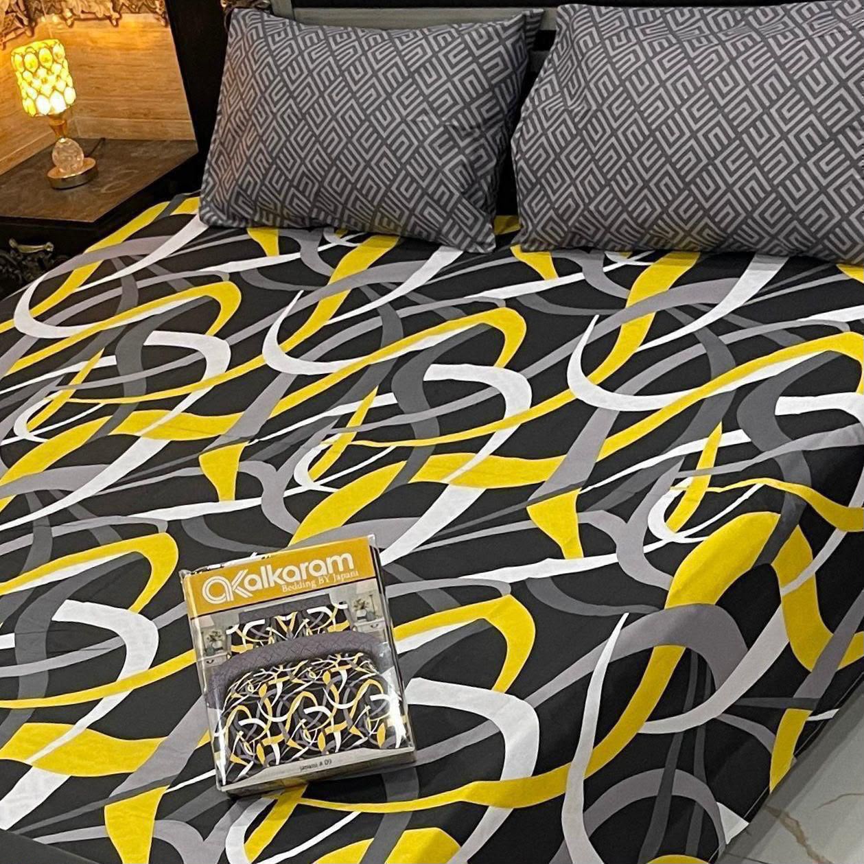 Al karam 3 Pcs Bedsheet - Yellow Abstract