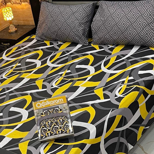 Al karam 3 Pcs Bedsheet - Yellow Abstract