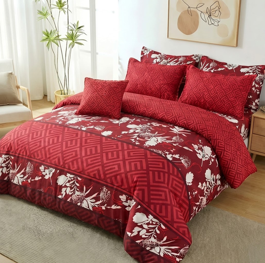 7 Pcs Quilted Comforter Set - Ruby Leaf