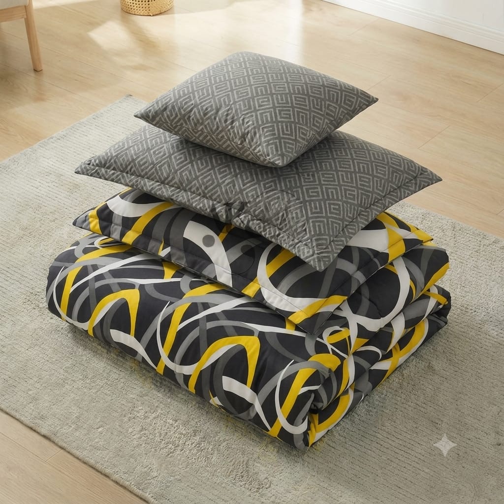 7 Pcs Quilted Comforter Set - Yellow Abstract