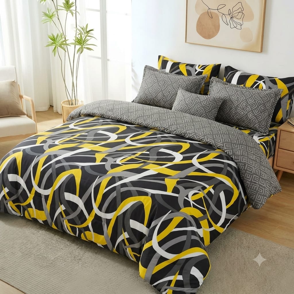 7 Pcs Quilted Comforter Set - Yellow Abstract
