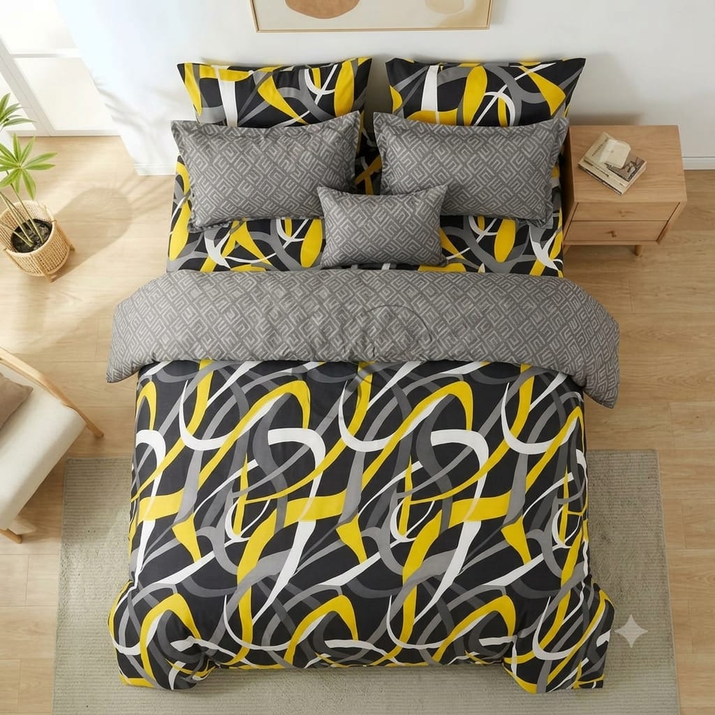 7 Pcs Quilted Comforter Set - Yellow Abstract