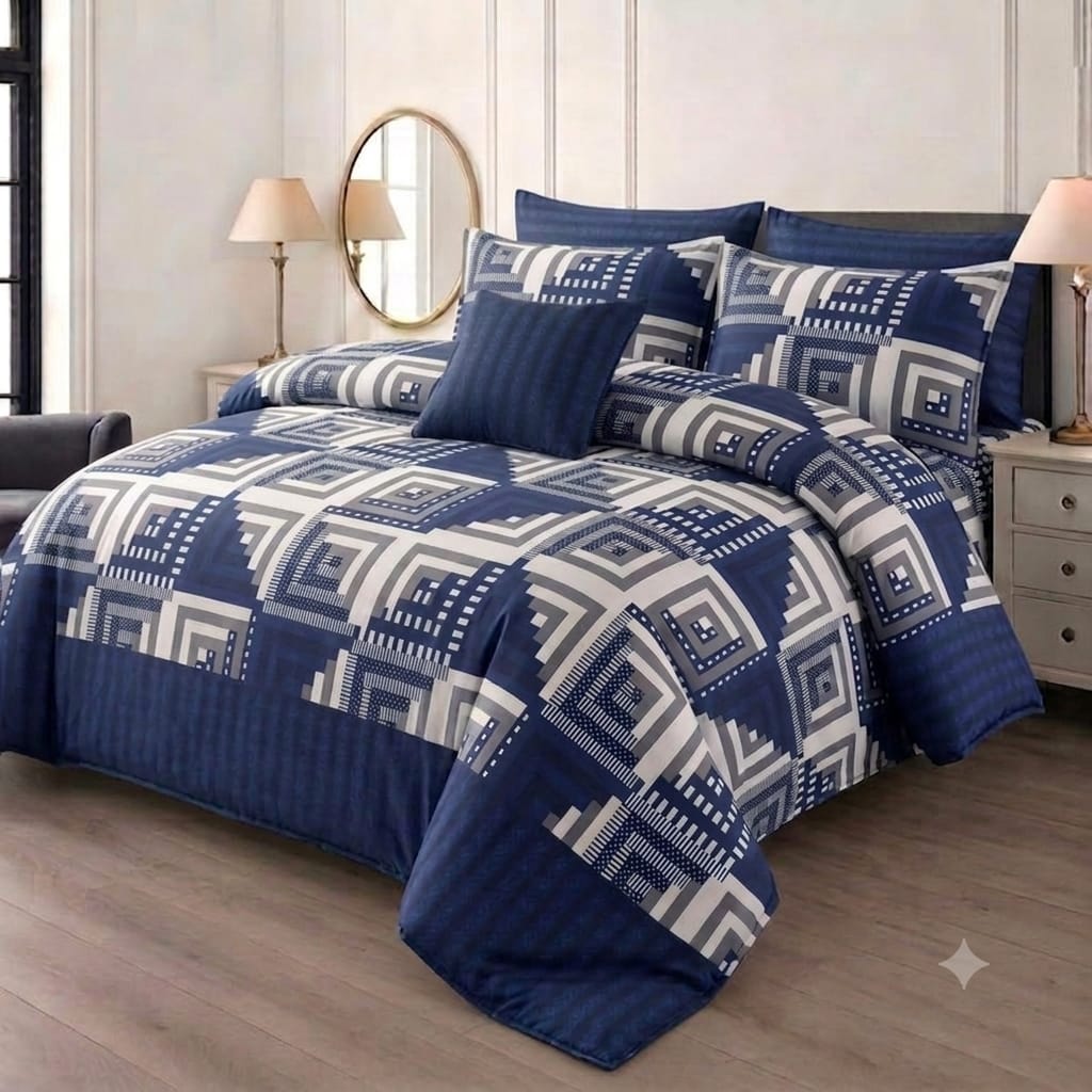 7 Pcs Quilted Comforter Set - Navy Tile