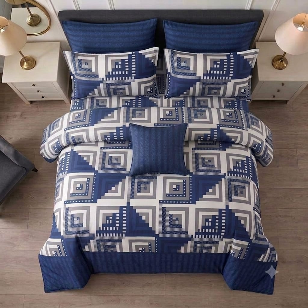 7 Pcs Quilted Comforter Set - Navy Tile