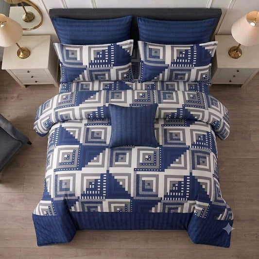 7 Pcs Quilted Comforter Set - Navy Tile
