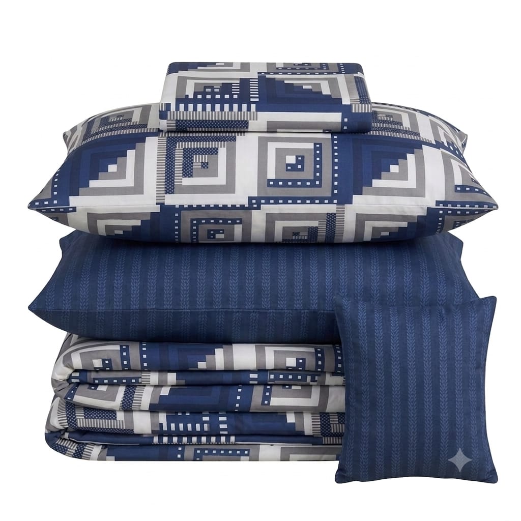 7 Pcs Quilted Comforter Set - Navy Tile