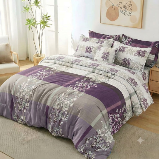 7 Pcs Quilted Comforter Set - Purple Stripe