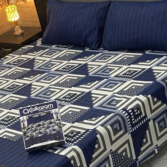 Al karam 3 Pcs Bedsheet - Navy Tile