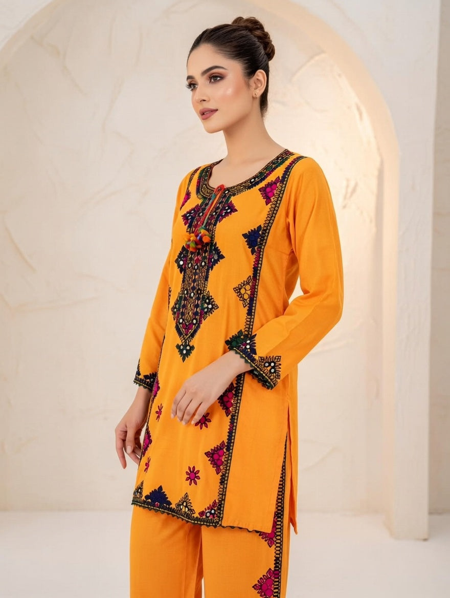 2PC CROSS STITCH EMB SUIT yellow